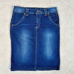 Gloss Women Blue Denim Pencil Skirt Medium Wash Size 7 Back Slit Stretch